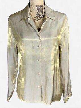 Vintage Fred David Gold Shimmer Satin Button Front Blouse Size 12 M Y2K